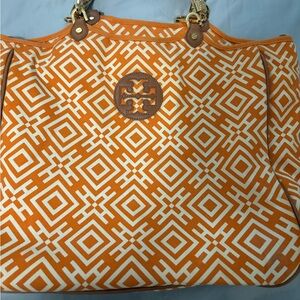 Tory Burch Orange and White Geometric Tote